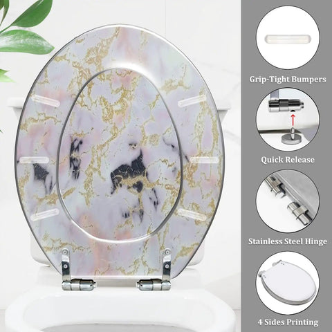 Elongated Resin Toilet Seat for Bathroom with marble design, 14.5" x 18.5", stainless steel hinges, quick release feature.