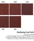 Heavy Duty Oscillating Tool Sanding Kit With Triangular Finger Pads And 100 Sandpaper Sheets, 60 Through 240 Grit Pack displayed with different sandpaper grits.