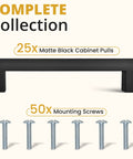 Matte Black Cabinet Pulls 25 Pack, 5.5 Inch Length With 5 Inch Hole Spacing, shown with mounting screws set