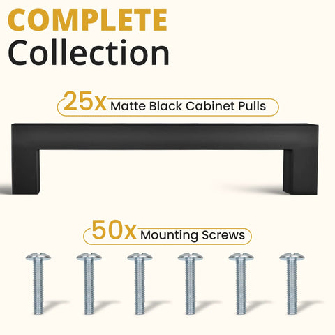 Matte Black Cabinet Pulls 25 Pack, 5.5 Inch Length With 5 Inch Hole Spacing, shown with mounting screws set