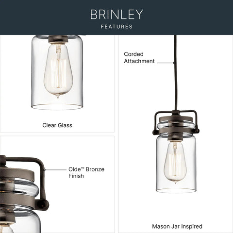Brinley 7.75 Inch Kitchen Pendant in Olde Bronze with clear glass, mason jar style, highlighting corded attachment and finish details.