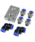Push To Connect Air Line Splitter Manifold Block Assembly Aluminum components including block and connectors for pneumatic use.