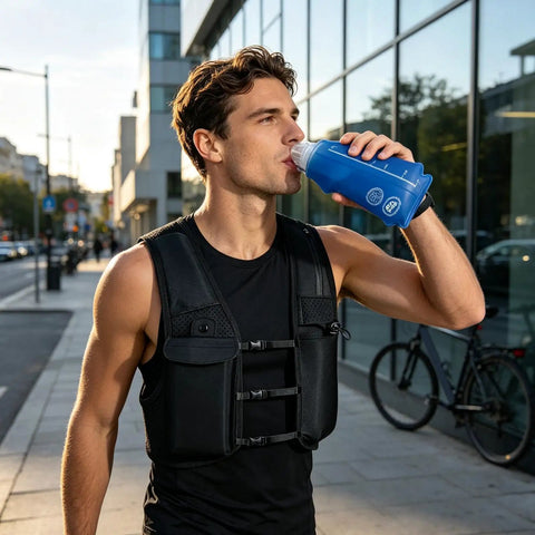 Man wearing High Visibility Reflective Running Vest Hydration Backpack Plus 500ml Soft Flask Hands Free All Day Lightweight Gear