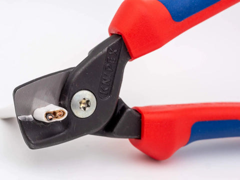 StepCut Cable Shears 6.25 Inch with insulated grips cutting copper wire, red and blue handle close-up.