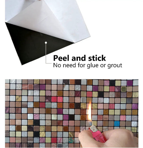 Peel And Stick Metal Backsplash Tiles 11.81 By 11.81 Inches Self Adhesive Aluminum Mosaic In Silver And Gray Mixed 10 Pack in use
