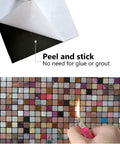 Peel And Stick Metal Tile Backsplash Kit For Kitchen And Bathroom Self Adhesive Aluminum Mosaic Colorful Mix 11.81 Inch Square Easy Install Reflective 3D Mirror Look displayed with peel-off backing and flame resistance demonstration.