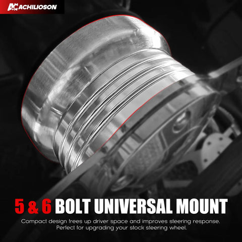 Close-up of Precision Billet Aluminum Steering Wheel Hub Adapter featuring 5 and 6 hole pattern for Chevy GMC trucks.