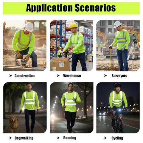 Shop Floor Ready Long Sleeve Hi Vis Safety Shirt With Bold Reflective Strips Class Three Ansi Certified Work Tee in construction and running scenarios