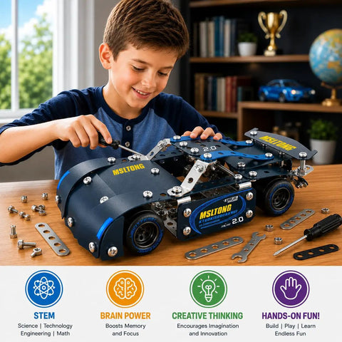 Boy assembling Metal Racing Car Kit With 207 Pieces And Real Tools For A Hands On STEM Build Your Own Race Car For Boys 8 12 Teens And Adults
