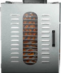 Top-Shelf Commercial Food Dehydrator With 16 Stackable Trays And Badass Stainless Steel Frame, front view showcasing drying produce.