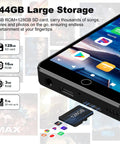 144GB Android 13 MP3 Player with Bluetooth and WiFi, 4 inch touchscreen detail with 128GB card and app icons visible.