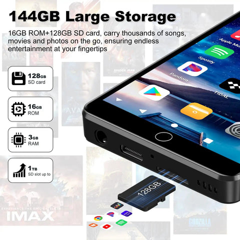 144GB Android 13 MP3 Player with Bluetooth and WiFi, 4 inch touchscreen detail with 128GB card and app icons visible.