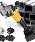 Cordless Hydraulic Rebar Cutter With 2000W Brushless Cold Cut Saw, cutting blades, batteries, and steel tubes visible