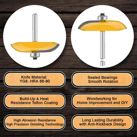 Visual of Three Piece Router Bit Set Pro Grade With One Quarter Inch Shank For Round Over Ogee Rail And Stile Cabinet Doors, showcasing knife material, sealed bearings, and features for woodworking and precise joinery.