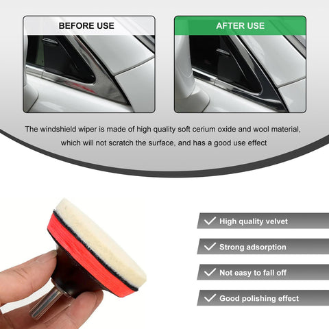 Glass Polishing Kit For Scratch Removal With 100g Cerium Oxide Powder, Before and After Window Repair, Wool Buffing Wheels Shown