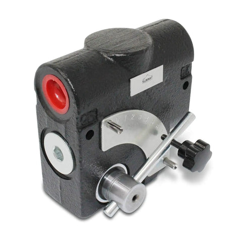 Hydraulic Adjustable Variable Flow Control Valve With Pressure Compensating Tech, 0 To 30 GPM, Beefy Cast Iron Body, Side View