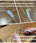 PVC clear vinyl tubing 1/4" ID x 3/8" OD, 10 ft, with silicone extension fittings and bend adapters; flexible, transparent.