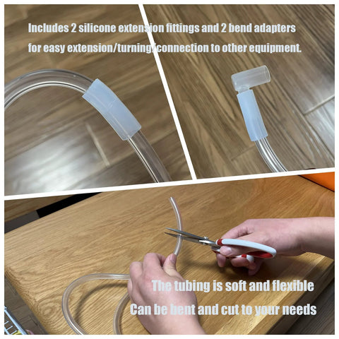 PVC clear vinyl tubing 1/4" ID x 3/8" OD, 10 ft, with silicone extension fittings and bend adapters; flexible, transparent.
