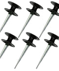 Set of zinc-coated hose guide spikes with dark green tops for garden hoses helps keep hoses out of flower beds