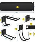 Detailed view of 16-inch wall mount rail and hooks part of 64 Inch Wall Mount Tool Storage Rack With 15 Piece Heavy Duty Steel Yard And Garden Tool Organizer Holds Up To 550 Pounds Includes Two Extension Cords.