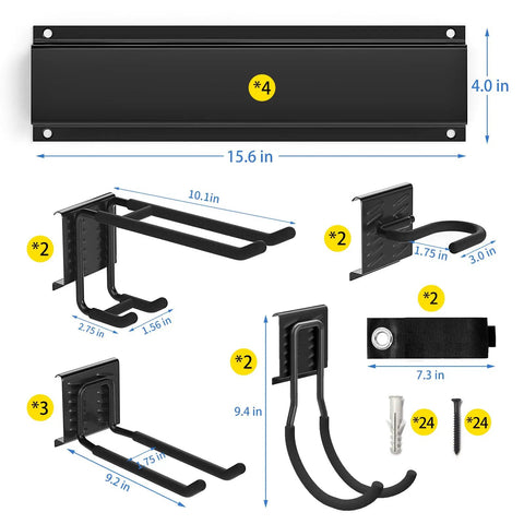 Detailed view of 16-inch wall mount rail and hooks part of 64 Inch Wall Mount Tool Storage Rack With 15 Piece Heavy Duty Steel Yard And Garden Tool Organizer Holds Up To 550 Pounds Includes Two Extension Cords.