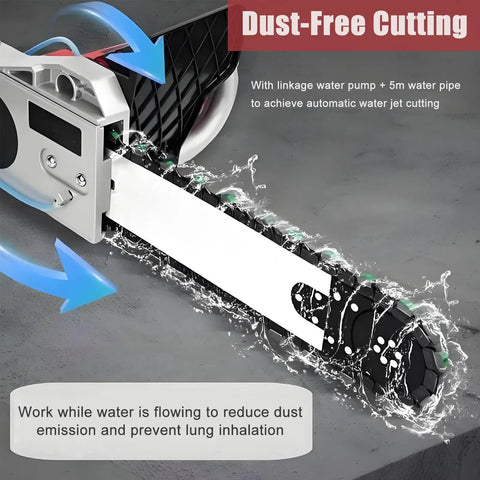 Heavy Duty Electric Concrete Saw Wall Groove Cutter With Dual Diamond Chains And Built In Water Pump 360 Degree Masonry Routing showing dust-free cutting with water jets.
