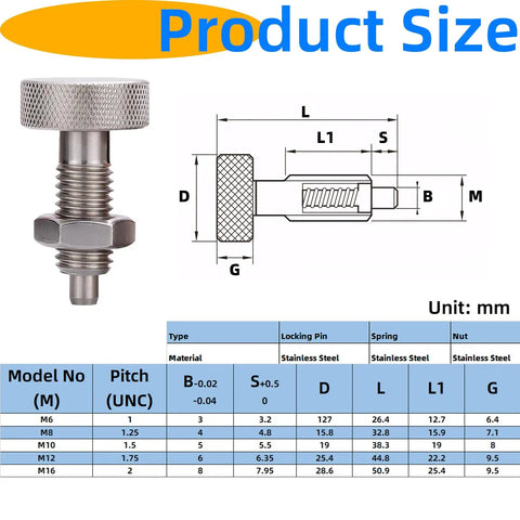 Heavy Duty M16 Stainless Steel Spring Plungers With Hex Nuts And Knurled Handles For Grab And Go Quick Release Locking Pin Setup dimensions and specifications.