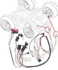6V 12V 24V DIY Wire Harness Electric Conversion Kit For Kid's Ride On Toys Cars SUVs ATVs UTVs Trax Upgrade Replacement Parts With Easy Install And Custom Wiring Set Switches Included, displayed with wiring and switches, overlay on vehicle diagram