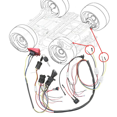 6V 12V 24V DIY Wire Harness Electric Conversion Kit For Kid's Ride On Toys Cars SUVs ATVs UTVs Trax Upgrade Replacement Parts With Easy Install And Custom Wiring Set Switches Included, displayed with wiring and switches, overlay on vehicle diagram