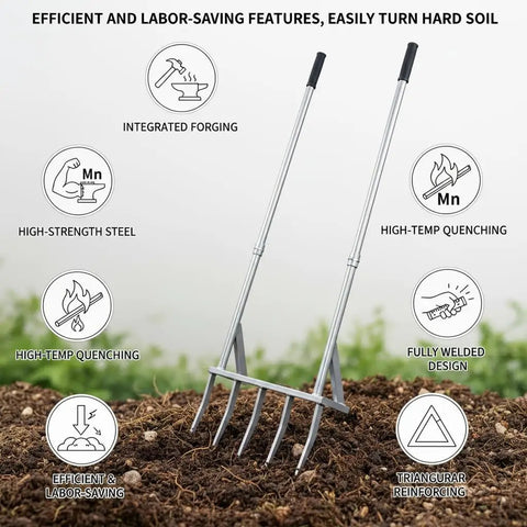 56 Inch 5-Tine Heavy Duty Broadfork With Rust-Resistant Steel Widened Foot Pedal And High-Strength All Steel Tines on soil