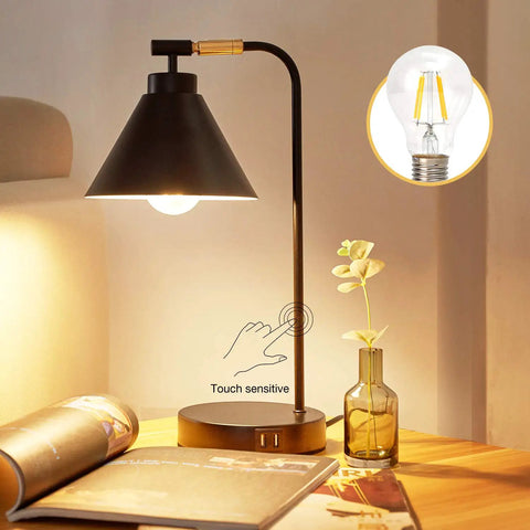 Dimmable Touch Bedside Lamp With 2 USB Ports And AC Outlet Industrial Black Nightstand Reading Light With Metal Flexible Gooseneck Ideal For Bedroom Living Room Or Office Bulb Included.