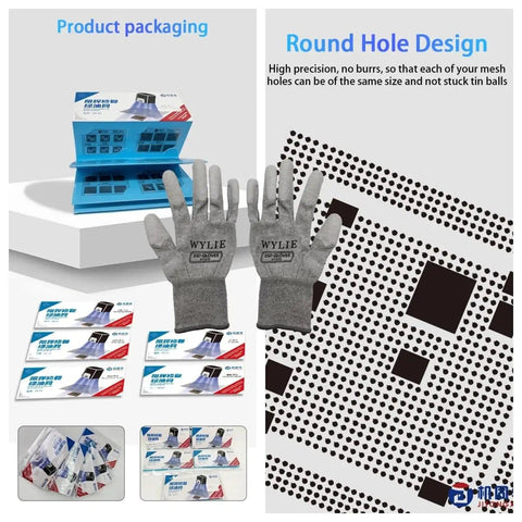 Pro Grade 9 Piece Solder Mask Repair Kit For Samsung Exynos Boards With Green Oil UV Stencil Set shown with ESD gloves