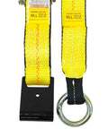 Close-up of yellow 4 Pack 2 Inch By 14 Foot Wheel Straps For Car Trailer With Flat Hooks Beefy Yet Flexible Heavy Duty Tie Down Straps Lasso Style Tire Straps 3335 Lb WLL Side Mount Ratchet Ready Hauling Cars showing flat hook and ring