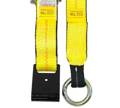 Close-up of yellow 4 Pack 2 Inch By 14 Foot Wheel Straps For Car Trailer With Flat Hooks Beefy Yet Flexible Heavy Duty Tie Down Straps Lasso Style Tire Straps 3335 Lb WLL Side Mount Ratchet Ready Hauling Cars showing flat hook and ring