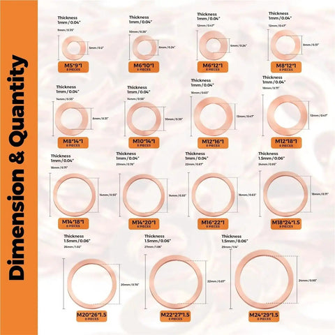 Heavy Duty Copper Washer Set 50 To 200 Pcs Gasket Kit M4 To M14 For Sump Plugs And Automotive Repairs Heat Resistant Copper Ring Seals Universal Fit And Durable Copper Washers size chart