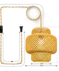 Plug In Pendant Light With Rattan Hanging Lights And Hand Woven Bamboo Lampshade, 15ft Hemp Rope, On Off Switch, fixture dimensions.