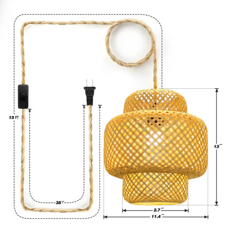 Plug In Pendant Light With Rattan Hanging Lights And Hand Woven Bamboo Lampshade, 15ft Hemp Rope, On Off Switch, fixture dimensions.