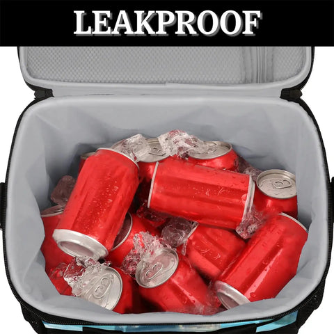 Open insulated picnic backpack with built-in lunch box showing cold drinks inside, labeled leakproof for outdoors and travel use.