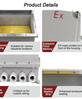 Outdoor explosion-proof IP66 junction box with viewing window, cast aluminum housing and four cable entries.