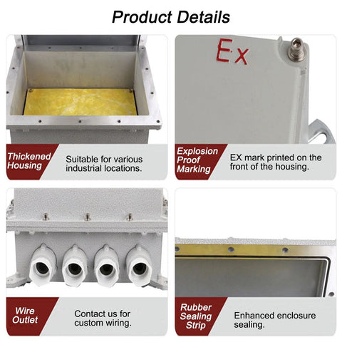 Outdoor explosion-proof IP66 junction box with viewing window, cast aluminum housing and four cable entries.
