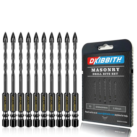 Heavy-Duty 10-Piece 5/32 Inch Masonry Concrete Drill Bit Set with hex shanks and cross tungsten tips in packaging.