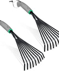 Two Piece Stainless Steel Hand Rake Set with short handles, featuring nine claws each, ideal for gardening and soil preparation.