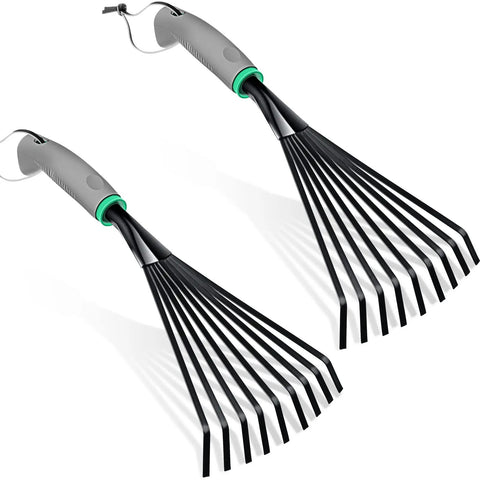 Two Piece Stainless Steel Hand Rake Set with short handles, featuring nine claws each, ideal for gardening and soil preparation.
