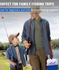 Father and son with All In One 448 Piece Fishing Lures Kit With Large Three Layer Tackle Box Set by a lake.