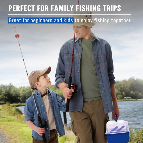 Father and son with All In One 448 Piece Fishing Lures Kit With Large Three Layer Tackle Box Set by a lake.