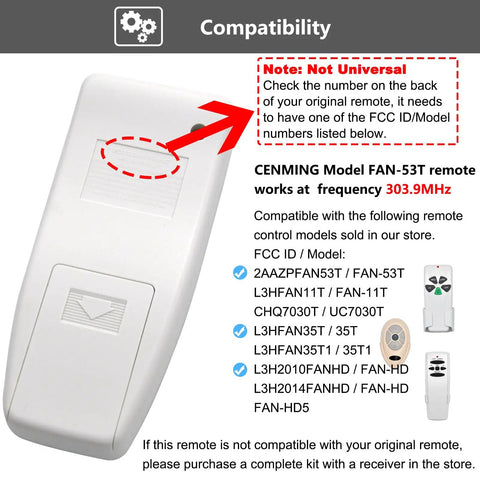Ceiling Fan Remote Replacement For Harbor Breeze Hampton Bay, 303.9MHz, compatibility information and non-universal notice