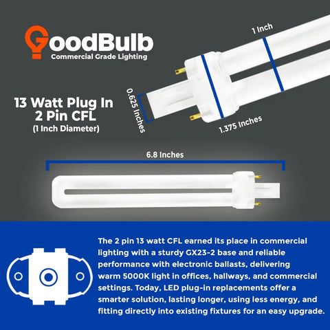 13 Watt GX23 Base CFL Light Bulbs 5000K Daylight 800 Lumens Single Tube Plug-In Fluorescent Lamps 2-Pin Retrofit