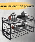 Wall Mounted Power Tool Organizer Rack With Battery Holder And Four Drill Slots holding dumbbells, heavy duty metal shelf