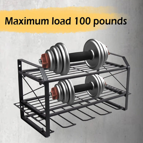 Wall Mounted Power Tool Organizer Rack With Battery Holder And Four Drill Slots holding dumbbells, heavy duty metal shelf
