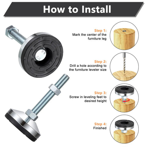 Installation guide for Four Pack Heavy Duty Adjustable Leveling Feet With Anti Vibration Pads For Workbenches And Industrial Machinery M Sixteen Threaded With Three Point One Inch Base Handling Seven Thousand Five Hundred Pound Static Load